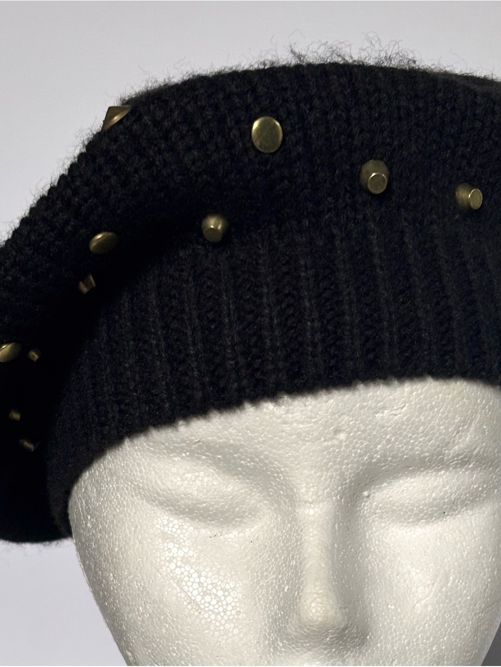 Soft Ribbed Knit Beret Gold Metal Studded Accents
